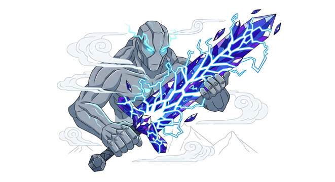 A muscular robot warrior holds a glowing blue electric sword in a dynamic pose with swirling clouds and mountains in the background.