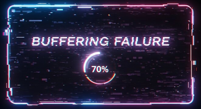 Buffering failure message with glitching neon frame and 70 percent progress indicator buffering progress technology.