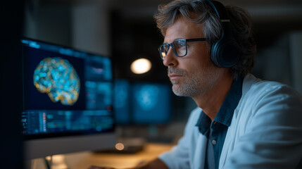 Fototapeta premium Software developer with headphones working at a home computer with AI neural network simulations on screen, tech professional at work, artificial intelligence computing concept, with copy