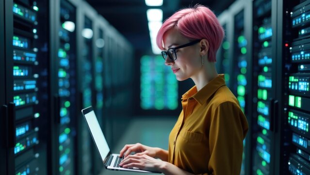 A woman with bright pink hair sits at a computer console in a dimly lit server room, focused on her work