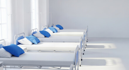 Bright hospital ward with empty medical beds lined in row, crisp white linens and blue pillows bathed in soft daylight, calm wellness atmosphere