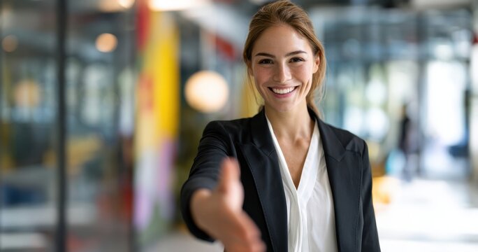 The Businesswoman Extending a Friendly Handshake in Modern Office Environment