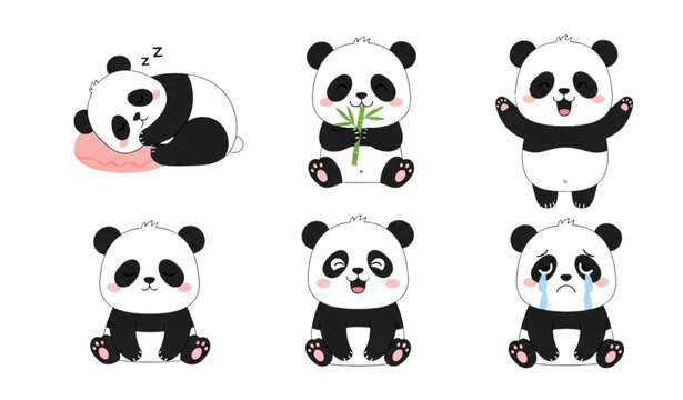 Cute panda cartoon vector set with sleeping eating bamboo funny and sad characters in simple flat children style isolated on white background