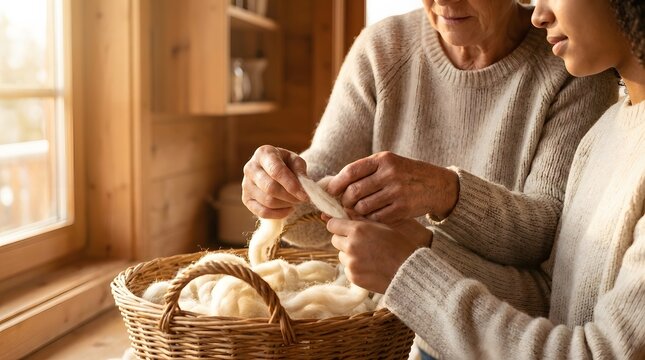 Senior and young woman examining raw wool in a basket for knitting in a cozy rustic home setting