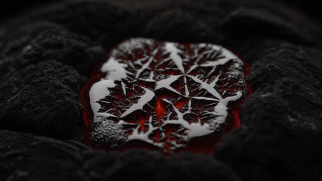 Close-up of glowing hot lava cooling and crystallizing with intricate patterns