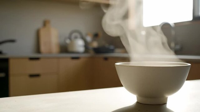 Steaming bowl of food on kitchen counter with wooden cutting board and kettle in background