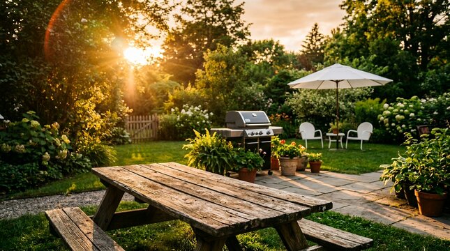 Sun-drenched backyard garden with wooden picnic table, modern gas grill on stone patio, outdoor dining area in golden hour light