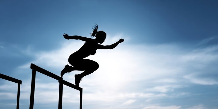The silhouette of an athlete leaping over a railing against a dramatic sky