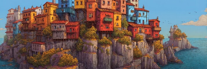Fototapeta premium European style village on a cliff - cliffside buildings with European architectural design 