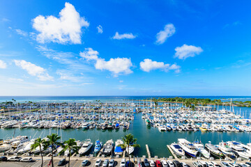 Obraz premium Ala Wai Harbor bustling with boats on a sunny day 