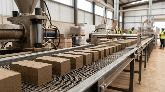 Medium angle on textured bricks forming on an assembly line showcasing the natural finish and environmentally conscious binder technology in modern brick production.