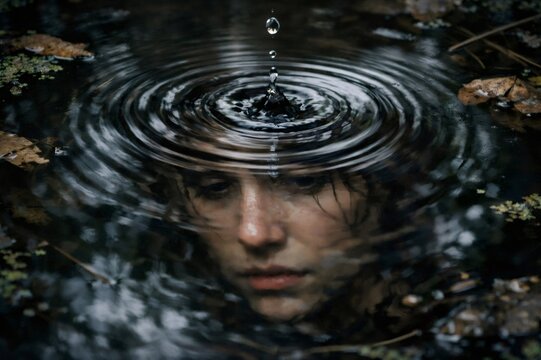 Person's face is partially submerged in dark water, creating a surreal reflection as a single water drop falls, forming concentric ripples across the surface