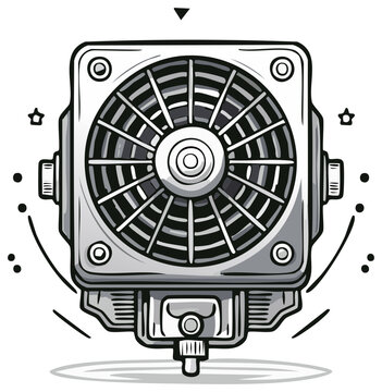 Dynamic monochrome illustration of a 3D printer hotend assembly with a cooling fan and nozzle.