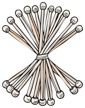 Bundle of wooden matches, a collection of fire starters, with rounded heads, tied together.