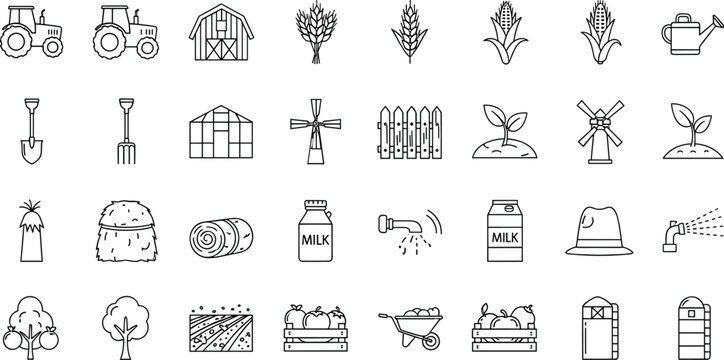 Farming and Agriculture Icon Set with Tractors, Plants, Tools, and Equipment for Agriculture, Gardening, and Digital Media Designs