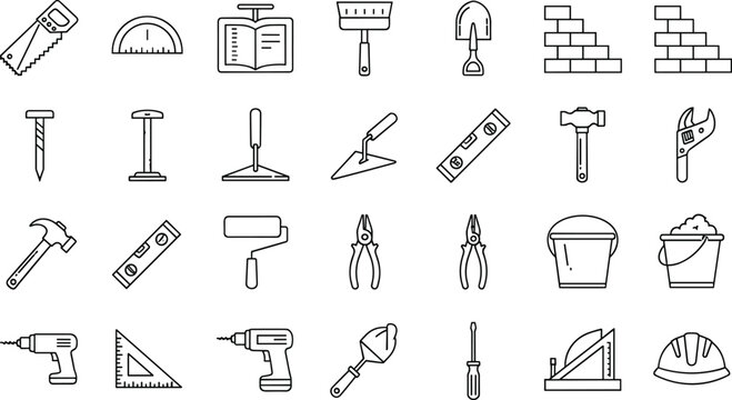 Construction Tools and Equipment Icon Set with Hammers, Drills, Saw, and Measuring Instruments for Builders, Contractors, and Digital Media Designs