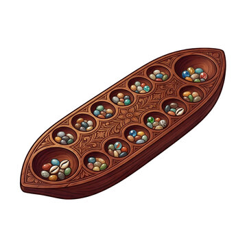 Traditional wooden congkak board with intricate carvings and colorful marbles isolated on a white background