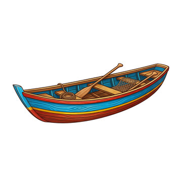 Colorful wooden pirogue fishing boat with oars and net isolated on white background