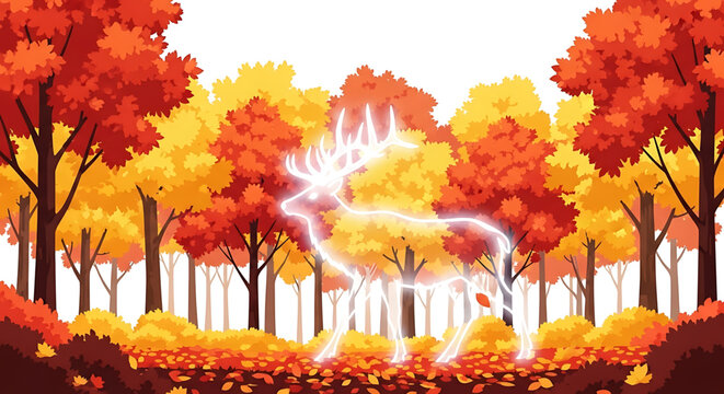 A glowing deer stands in a vibrant autumn forest with colorful trees and fallen leaves.
