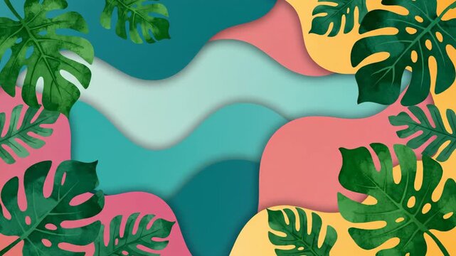 Monstera Leaves Framing Wavy Abstract Paper Cut Background 4K