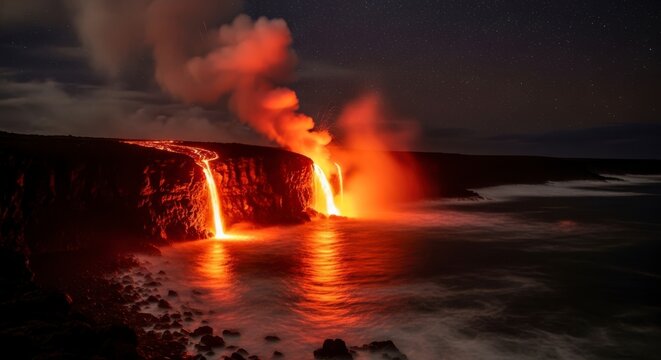 A volcanic eruption occurs at night, with lava flowing into the ocean and creating a dramatic display of fire and smoke.