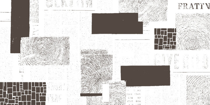 Textured collage of wood grain circles and brick patterns overlaid on vintage newspaper text in brown and white