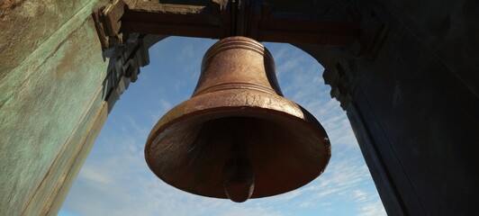 Fototapeta premium The Bell Hanging in a Historic Stone Tower Against a Clear Blue Sky