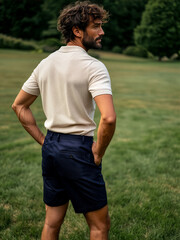 Fototapeta premium A French male golfer standing with hands on hips in a grassy field.