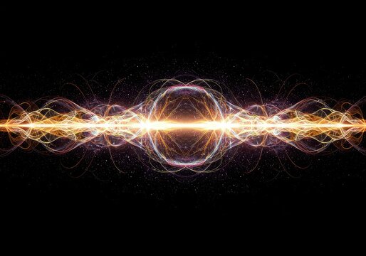 Complex abstract flow of energy fields showing synchronized harmonic vibrations across a dynamic spatial structure, reflection, theory, consciousness
