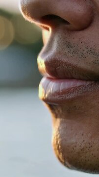 Vertical video: Fingertip approaching man's lower face, right hand pressing between lips outdoors