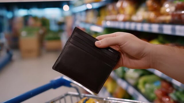 First-person perspective of a shopper standing in a brightly lit supermarket aisle, one hand holding an open empty leather wallet toward the camera, vacant bill compartments clearl