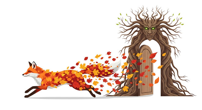 A whimsical illustration of a fox made of autumn leaves running towards a mystical tree with a door