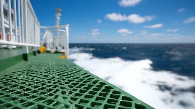 Focused shot of lifelines and deck grating with open sea stretching far behind under bright summer sky