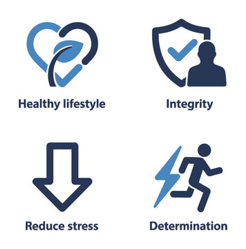 A vector diagram illustrating key values like healthy lifestyle, integrity, reduce stress, and determination