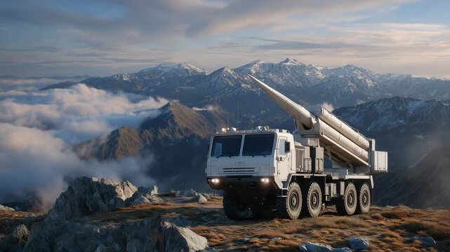 Ground-based missile launcher deployed on rocky mountain plateau, dramatic drop-offs visible behind, layered clouds filling sky