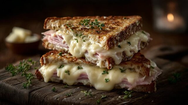 Gourmet presentation of stacked grilled cheese sandwiches with smoked ham, thick layers of creamy melted cheese between perfectly toasted slices, arranged on a handcrafted wooden b