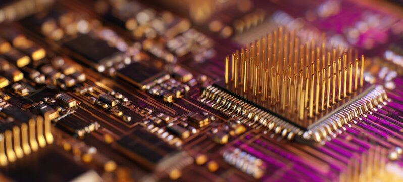 The Microchip with Gold Pins on a High-Tech Circuit Board Close-Up