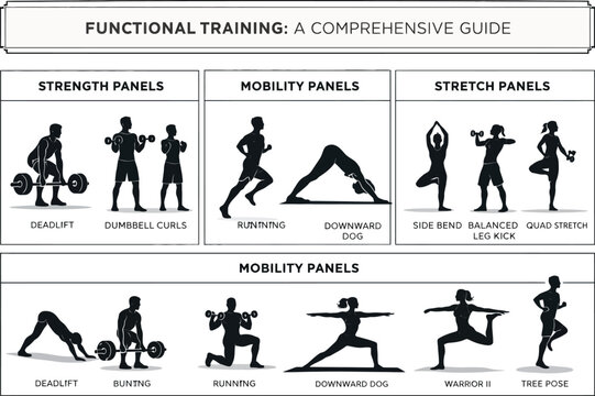 Functional training guide vector, strength mobility and stretch panels, fitness exercise silhouettes infographic