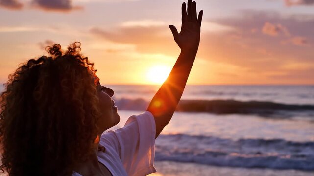 Silhouette Woman Raising Hand Toward Sunset by Sea Freedom Lifestyle Nature Travel Inspiration Summer Sky Ocean Golden Light Scene