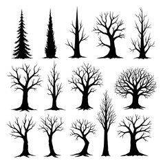 Obraz premium Stark Winter Tree Silhouettes and Bare Branch Collection, Hand Drawn Set of Deciduous and Coniferous Trees Without Leaves for Seasonal Design Vector Illustration