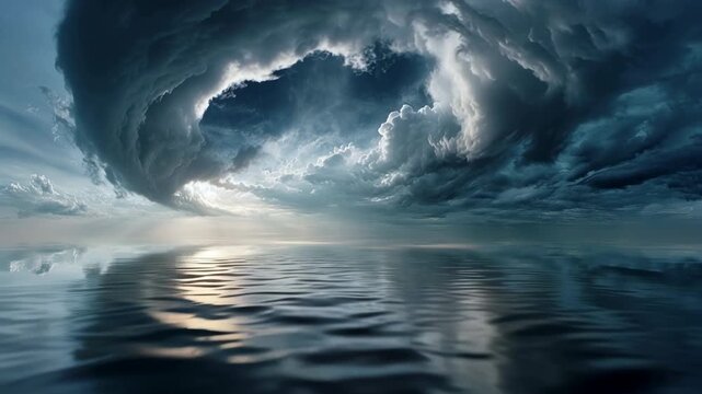 Storm cloud dramatic sky over ocean water, reflection at horizon, eye of storm within vortex seascape, light and shadow swirl above calm surface, tense calm, glassy mirror, awe, dread