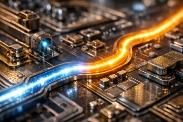 Obraz premium Circuit board displaying glowing blue data flow merging with orange energy, symbolizing digital communication, high speed processing, and interconnected technology