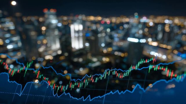 Low-angle cinematic capture of a large financial display wall showing multiple interconnected graphs, real-time market data scrolling, color-coded trade activity, reflections of of