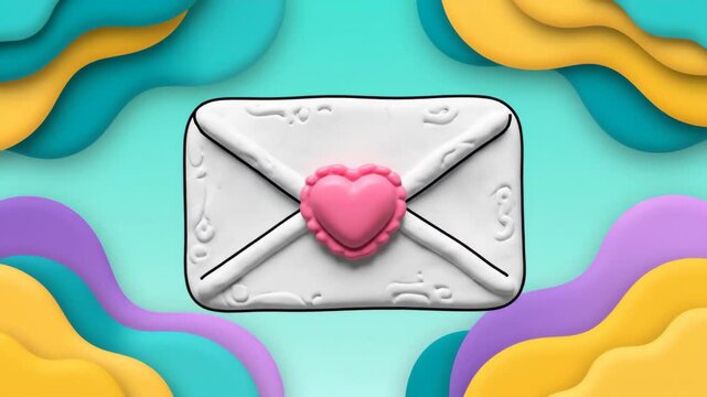Clay Envelope with Pulsing Pink Heart Seal on Vibrant Colorful Background 4K