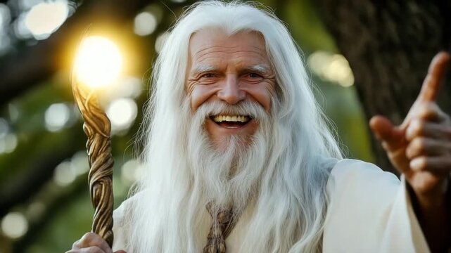 Old magician with long white hair holding a glowing staff in a mystical landscape during twilight hours