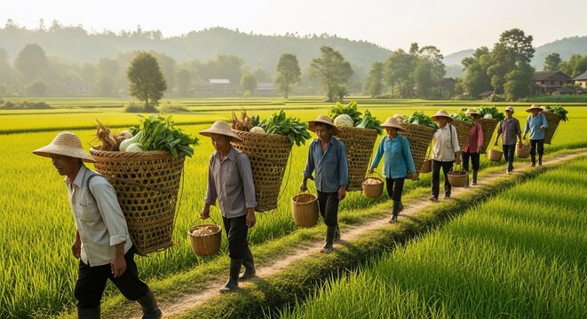 Farmers carrying harvest baskets field