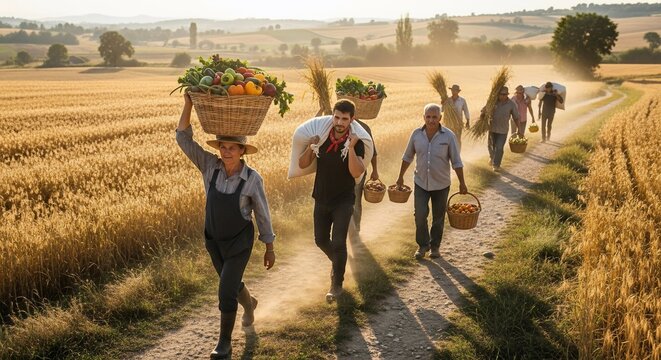 Farmers carrying harvest baskets field