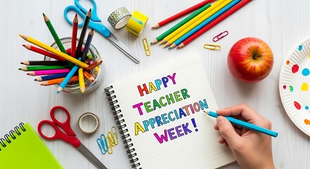 Naklejka premium Teacher appreciation still life colorful school supplies and a handwritten note