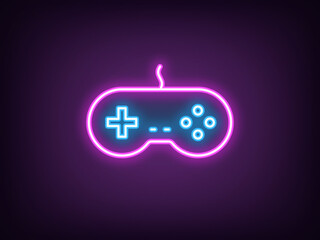 Outline neon retro gamepad, magenta blue. Neon retro joystick for arcade games, videogame station controller. Vintage gamepad, retro computer games, play console, cybersport club. Vector © Дмитрий Майер