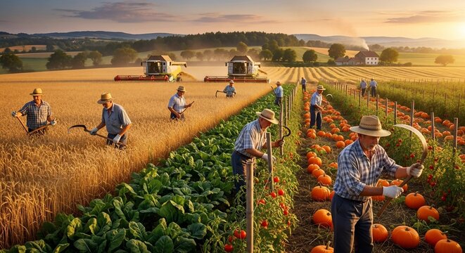 Farmers harvesting crops agricultural landscape